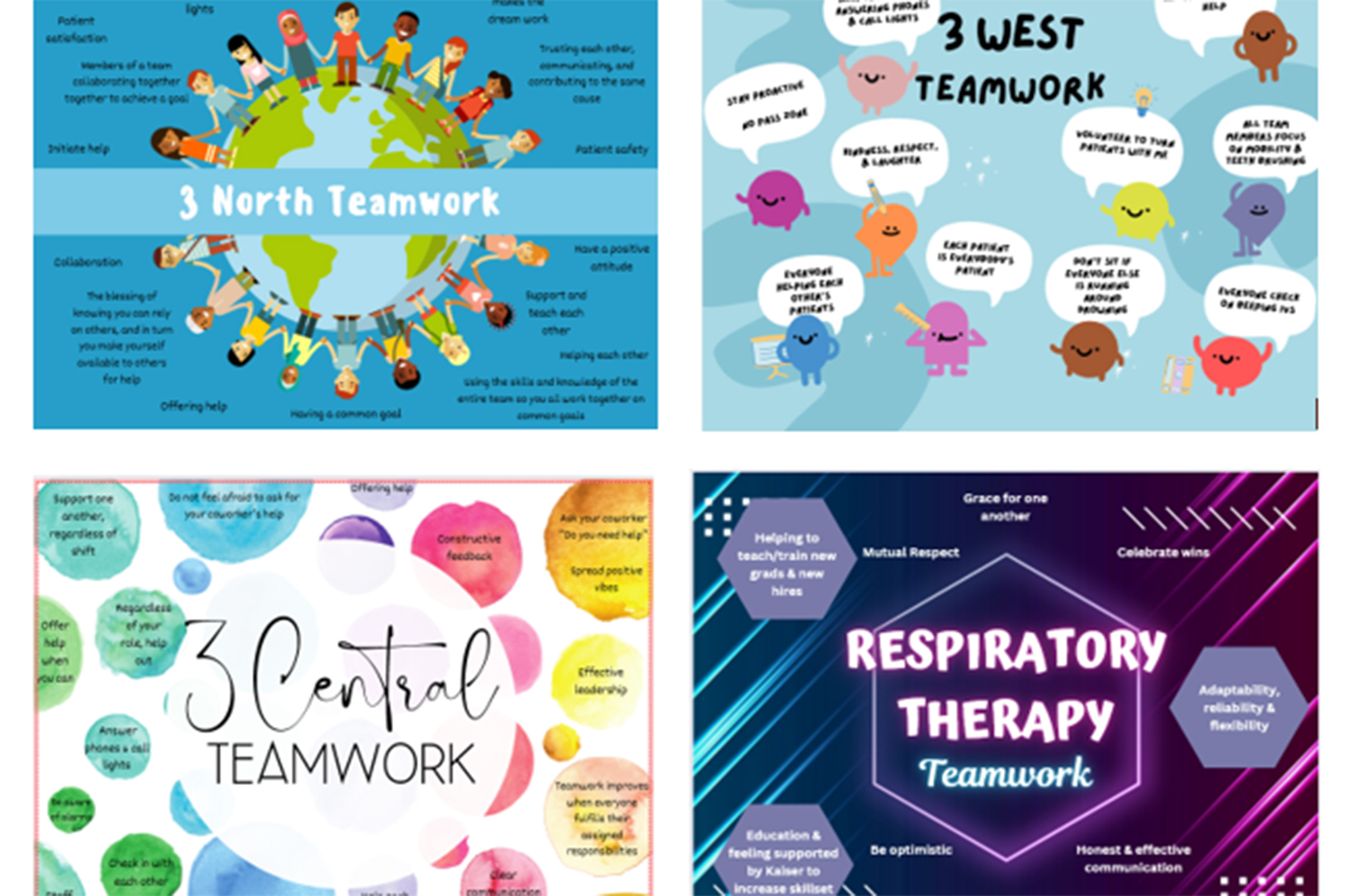 Photo display of the teamwork posters across 4 different units