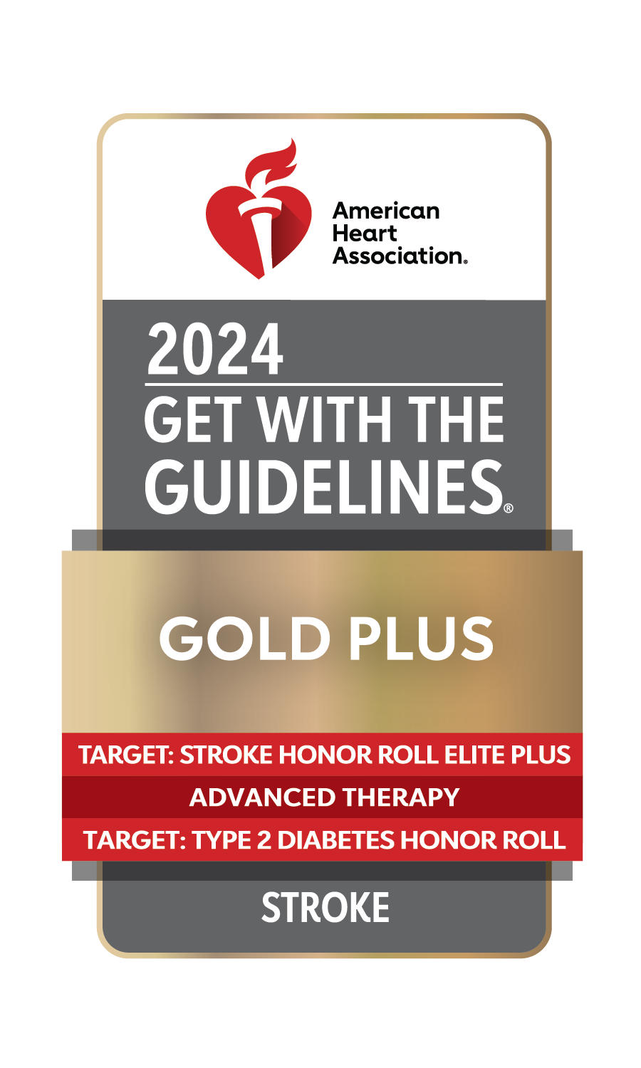 AHA Get with the Guidelines Gold Plus Target Stroke Elite Plus Honor Roll Target Type 2 Diabetes Honor Roll Target Stroke Advanced Therapy Honor Roll